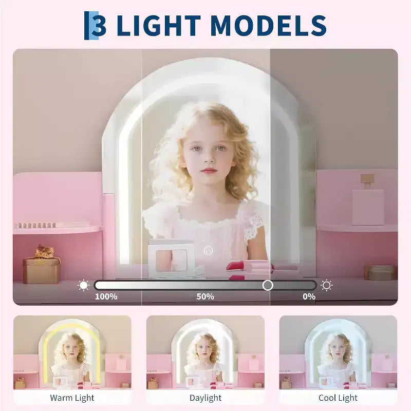Coiffeuse pour fille avec lumières, Ensemble table et chaise de coiffeuse pour enfants pour princesse, Bureau de coiffeuse pour tout-petits avec étagère ouverte, Armoire de rangement et étagères latérales