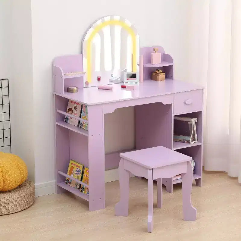Coiffeuse pour fille avec lumières, Ensemble table et chaise de coiffeuse pour enfants pour princesse, Bureau de coiffeuse pour tout-petits avec étagère ouverte, Armoire de rangement et étagères latérales