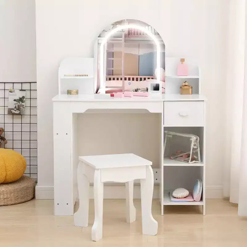 Coiffeuse pour fille avec lumières, Ensemble table et chaise de coiffeuse pour enfants pour princesse, Bureau de coiffeuse pour tout-petits avec étagère ouverte, Armoire de rangement et étagères latérales
