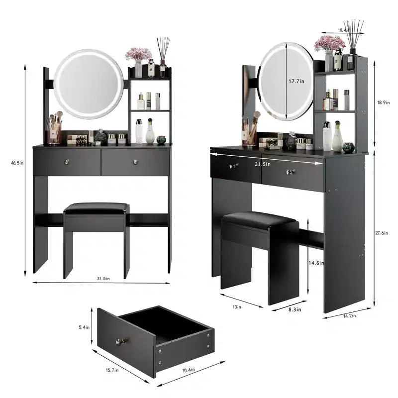 Coiffeuse avec miroir et lumières, ensemble coiffeuse de maquillage avec prises de courant et chaise, 3 couleurs d'éclairage, coiffeuse avec 3 tiroirs