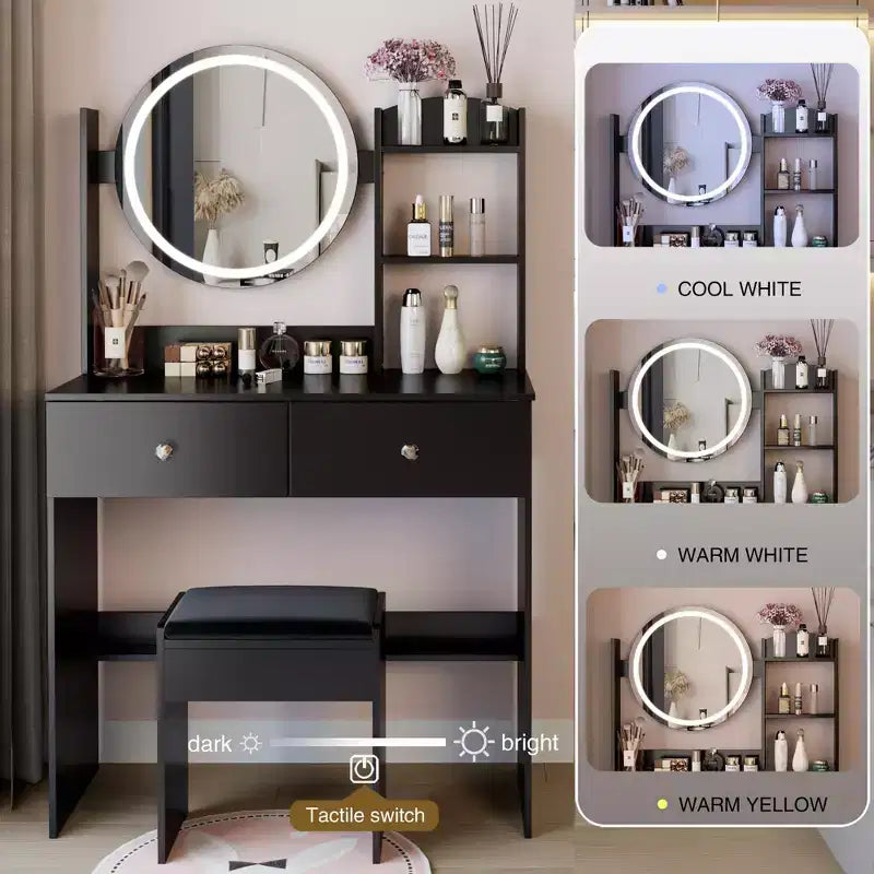 Coiffeuse avec miroir et lumières, ensemble coiffeuse de maquillage avec prises de courant et chaise, 3 couleurs d'éclairage, coiffeuse avec 3 tiroirs
