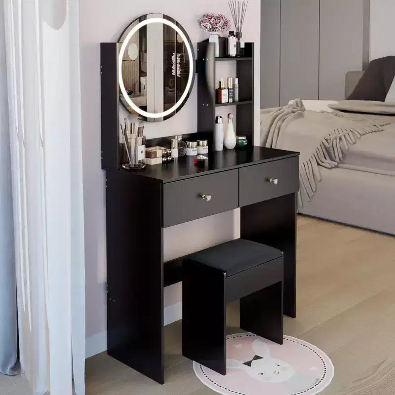 Coiffeuse avec miroir et lumières, ensemble coiffeuse de maquillage avec prises de courant et chaise, 3 couleurs d'éclairage, coiffeuse avec 3 tiroirs