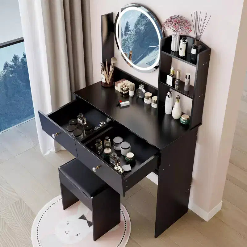 Coiffeuse avec miroir et lumières, ensemble coiffeuse de maquillage avec prises de courant et chaise, 3 couleurs d'éclairage, coiffeuse avec 3 tiroirs