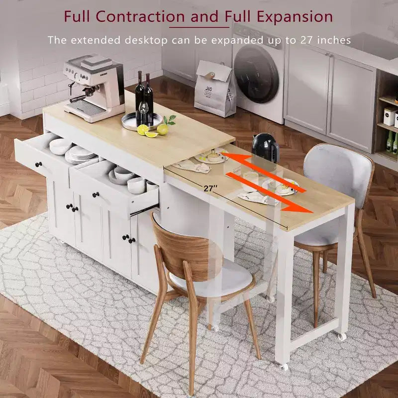Îlot de cuisine et chariot de rangement Whisen 74.5 avec table à manger extensible, étagère à épices et 2 tiroirs