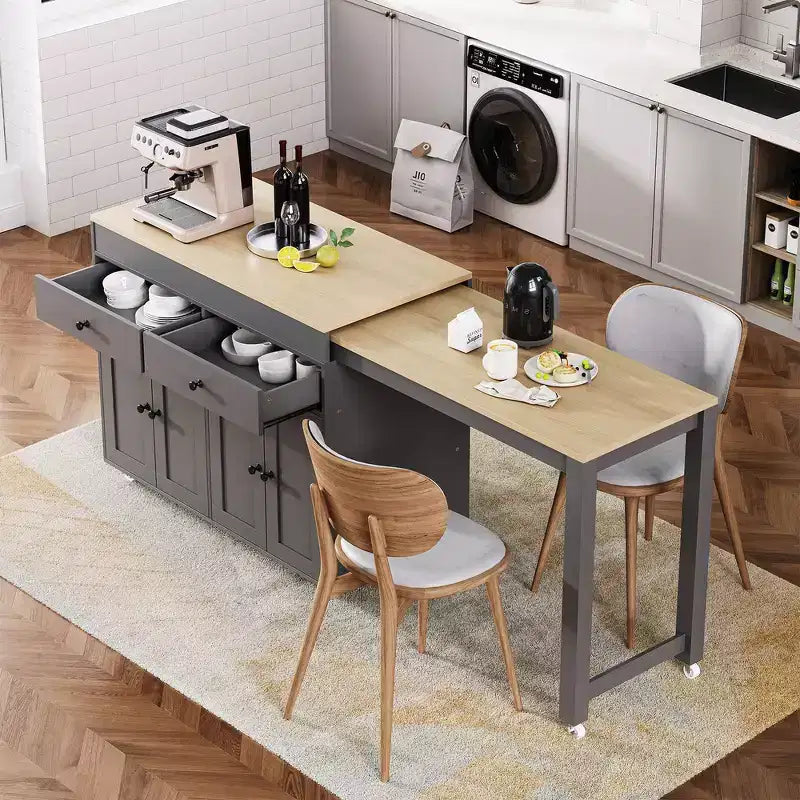 Îlot de cuisine et chariot de rangement Whisen 74.5 avec table à manger extensible, étagère à épices et 2 tiroirs