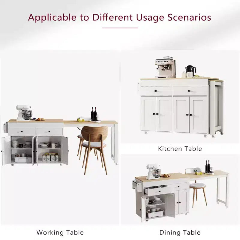 Îlot de cuisine et chariot de rangement Whisen 74.5 avec table à manger extensible, étagère à épices et 2 tiroirs