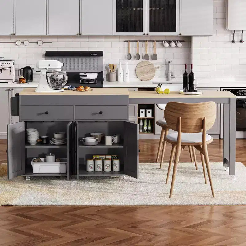 Îlot de cuisine et chariot de rangement Whisen 74.5 avec table à manger extensible, étagère à épices et 2 tiroirs