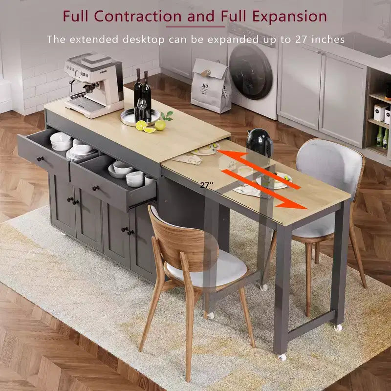 Îlot de cuisine et chariot de rangement Whisen 74.5 avec table à manger extensible, étagère à épices et 2 tiroirs