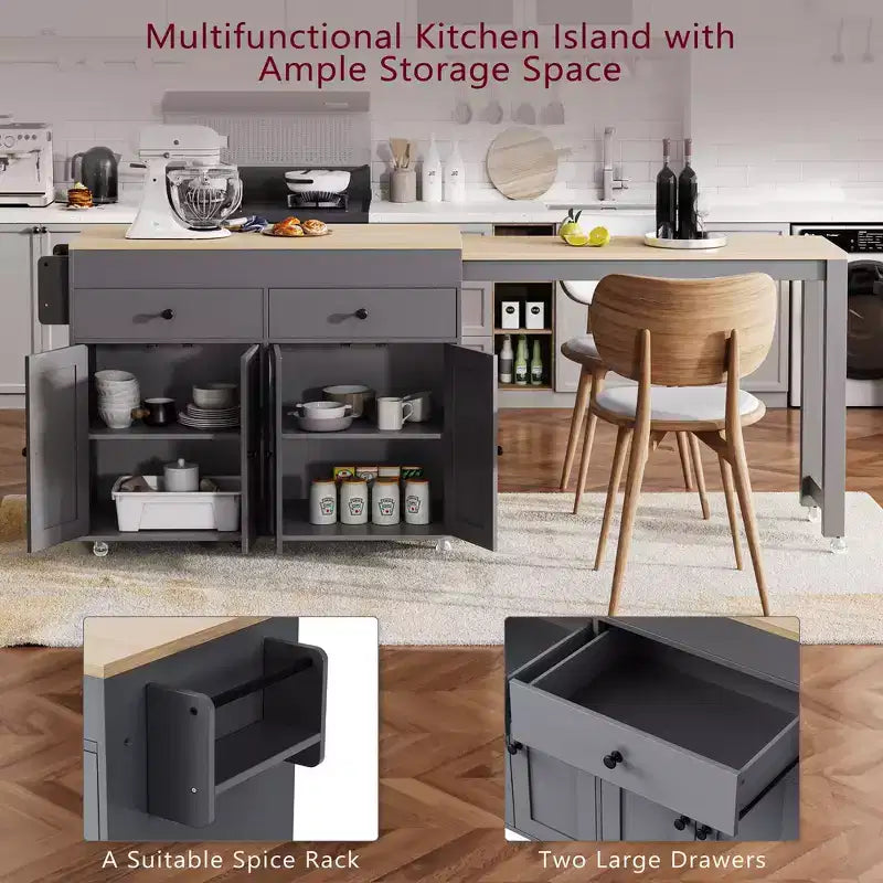Îlot de cuisine et chariot de rangement Whisen 74.5 avec table à manger extensible, étagère à épices et 2 tiroirs