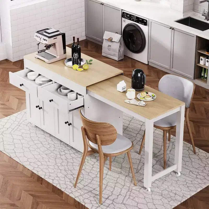 Îlot de cuisine et chariot de rangement Whisen 74.5 avec table à manger extensible, étagère à épices et 2 tiroirs