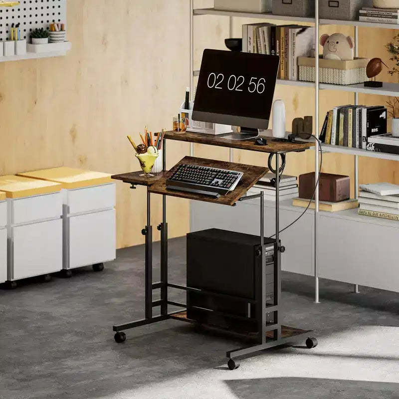 Bureau Debout HOMCOM avec Prises Électriques, Bureau Réglable en Hauteur avec Plateau Inclinable, Roues Verrouillables, Étagère, pour Bureau à Domicile