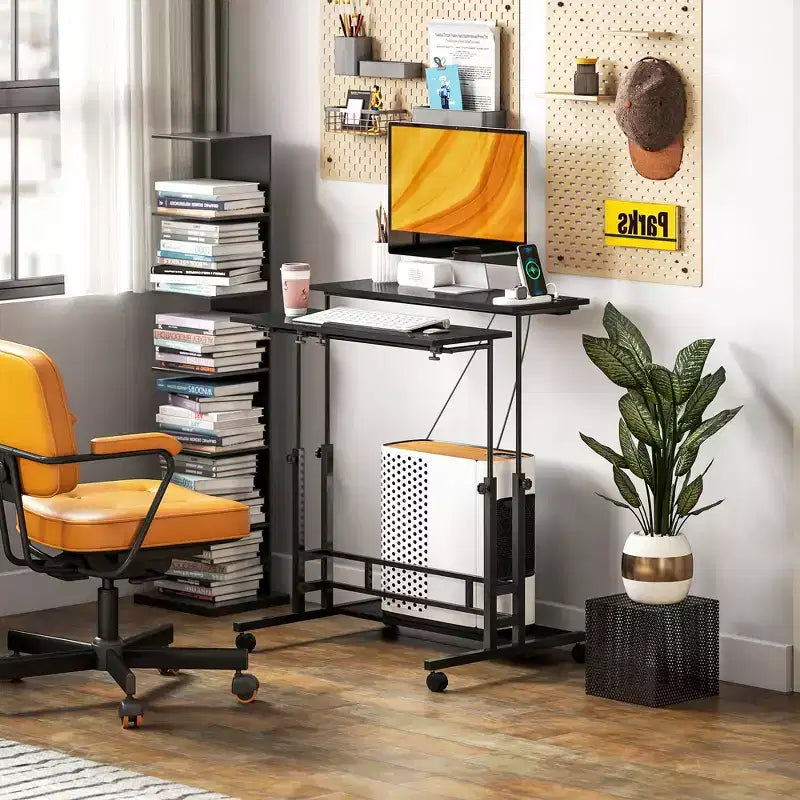 Bureau Debout HOMCOM avec Prises Électriques, Bureau Réglable en Hauteur avec Plateau Inclinable, Roues Verrouillables, Étagère, pour Bureau à Domicile