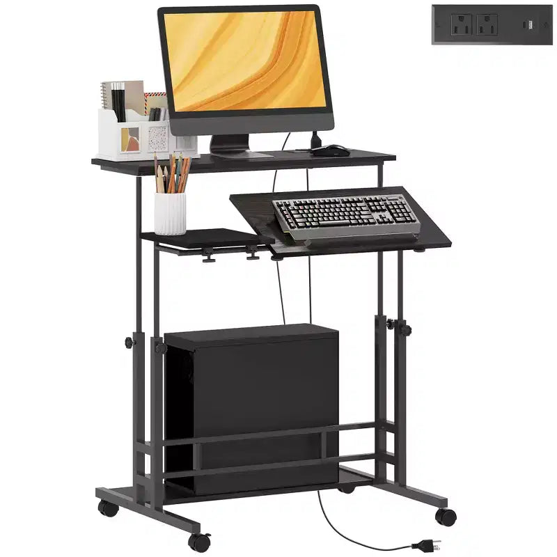 Bureau Debout HOMCOM avec Prises Électriques, Bureau Réglable en Hauteur avec Plateau Inclinable, Roues Verrouillables, Étagère, pour Bureau à Domicile