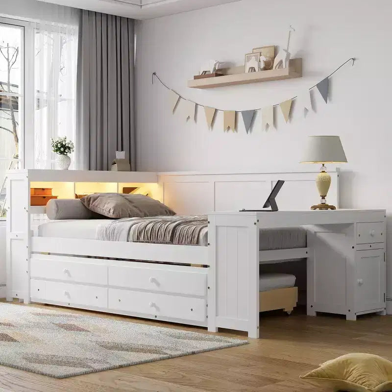 Lit de repos et plateforme Whisen pleine taille avec étagères de rangement, tiroirs, lit gigogne, bureau et armoire
