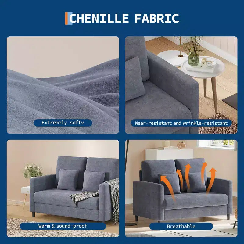 Canapé de salon de 131,8 cm, canapé double de lecture en chenille, convient aux chambres à coucher, canapé décoratif de salon sans outils, fauteuil confortable