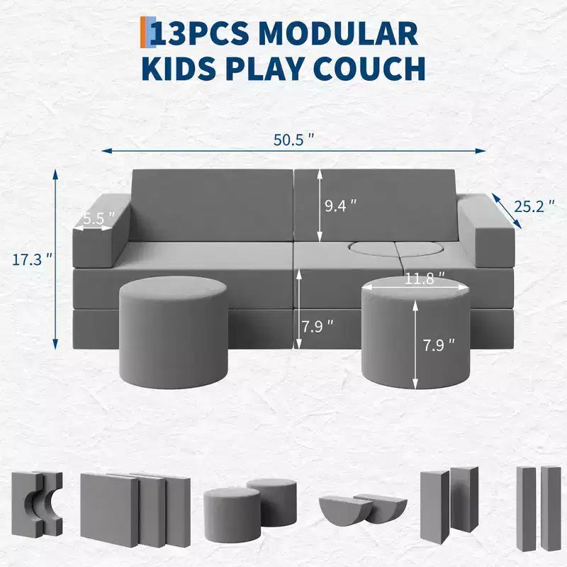 Ensemble de canapé pour enfants, ensemble de canapé de jeu modulaire 13 pièces pour enfants avec housses de canapé en velours amovibles et lavables et canapé de sol convertible en mousse.