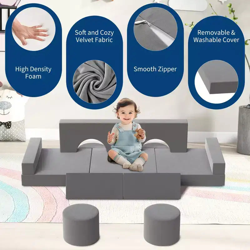 Ensemble de canapé pour enfants, ensemble de canapé de jeu modulaire 13 pièces pour enfants avec housses de canapé en velours amovibles et lavables et canapé de sol convertible en mousse.