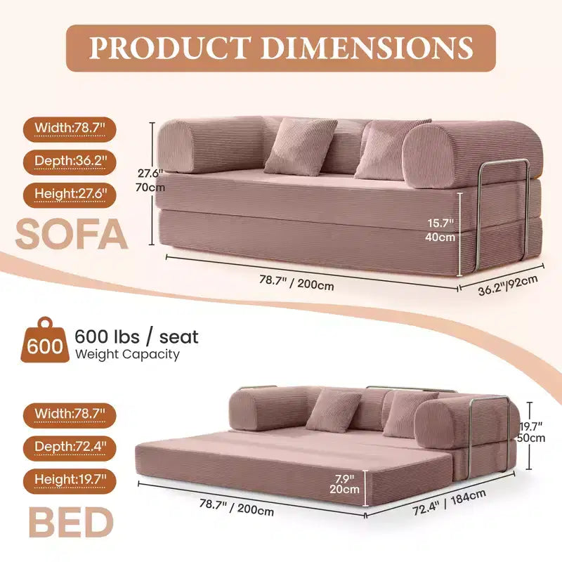 Canapé-lit convertible en velours côtelé rose clair de 78,7 po, cadre en métal, canapé de sol pliable (grande taille)