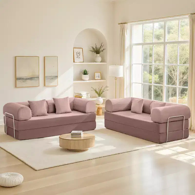 Canapé-lit convertible en velours côtelé rose clair de 78,7 po, cadre en métal, canapé de sol pliable (grande taille)