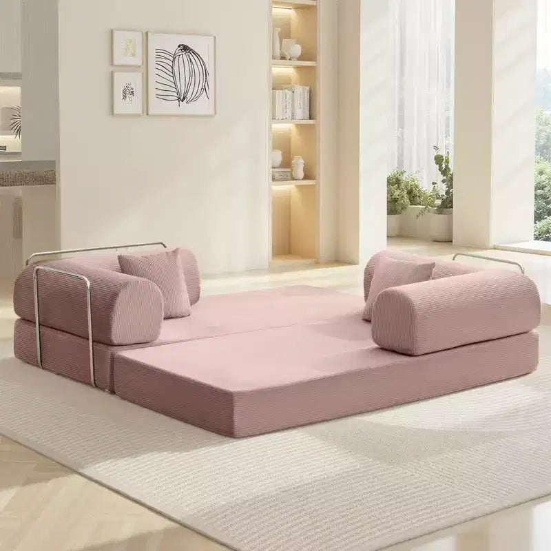 Canapé-lit convertible en velours côtelé rose clair de 78,7 po, cadre en métal, canapé de sol pliable (grande taille)