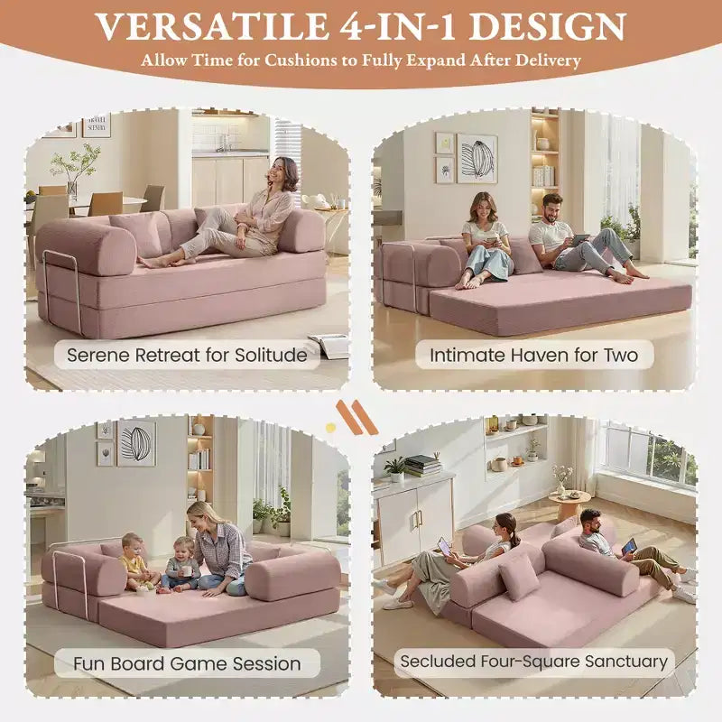 Canapé-lit convertible en velours côtelé rose clair de 78,7 po, cadre en métal, canapé de sol pliable (grande taille)