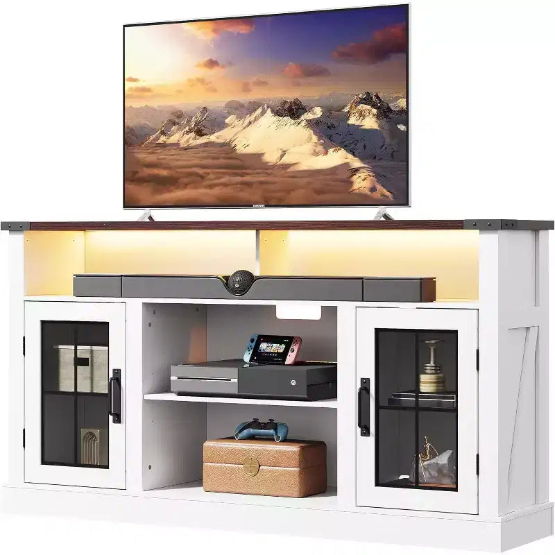 Meuble TV de ferme GALAXHERO pour téléviseur de 65 pouces, avec lumières LED, meubles de rangement et étagères réglables pour salon ou cinéma maison