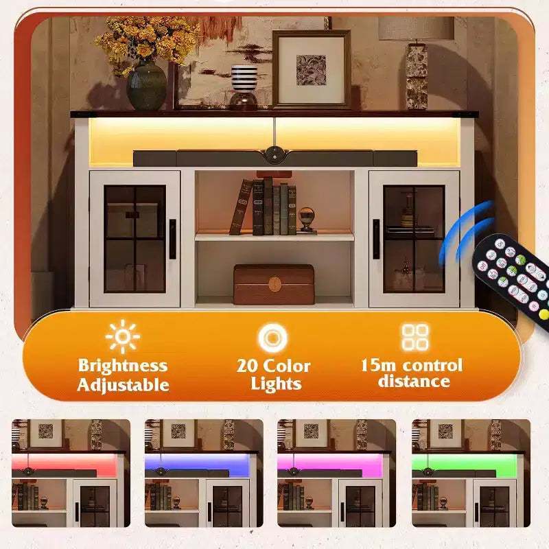 Meuble TV de ferme GALAXHERO pour téléviseur de 65 pouces, avec lumières LED, meubles de rangement et étagères réglables pour salon ou cinéma maison