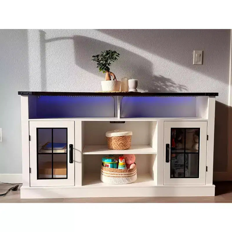 Meuble TV de ferme GALAXHERO pour téléviseur de 65 pouces, avec lumières LED, meubles de rangement et étagères réglables pour salon ou cinéma maison