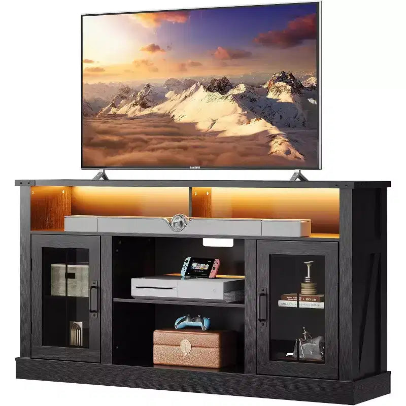 Meuble TV de ferme GALAXHERO pour téléviseur de 65 pouces, avec lumières LED, meubles de rangement et étagères réglables pour salon ou cinéma maison