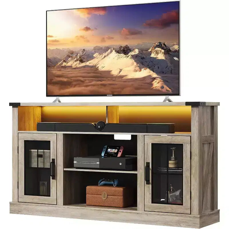Meuble TV de ferme GALAXHERO pour téléviseur de 65 pouces, avec lumières LED, meubles de rangement et étagères réglables pour salon ou cinéma maison