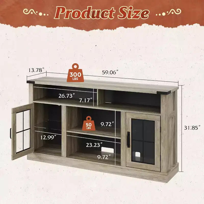 Meuble TV de ferme GALAXHERO pour téléviseur de 65 pouces, avec lumières LED, meubles de rangement et étagères réglables pour salon ou cinéma maison