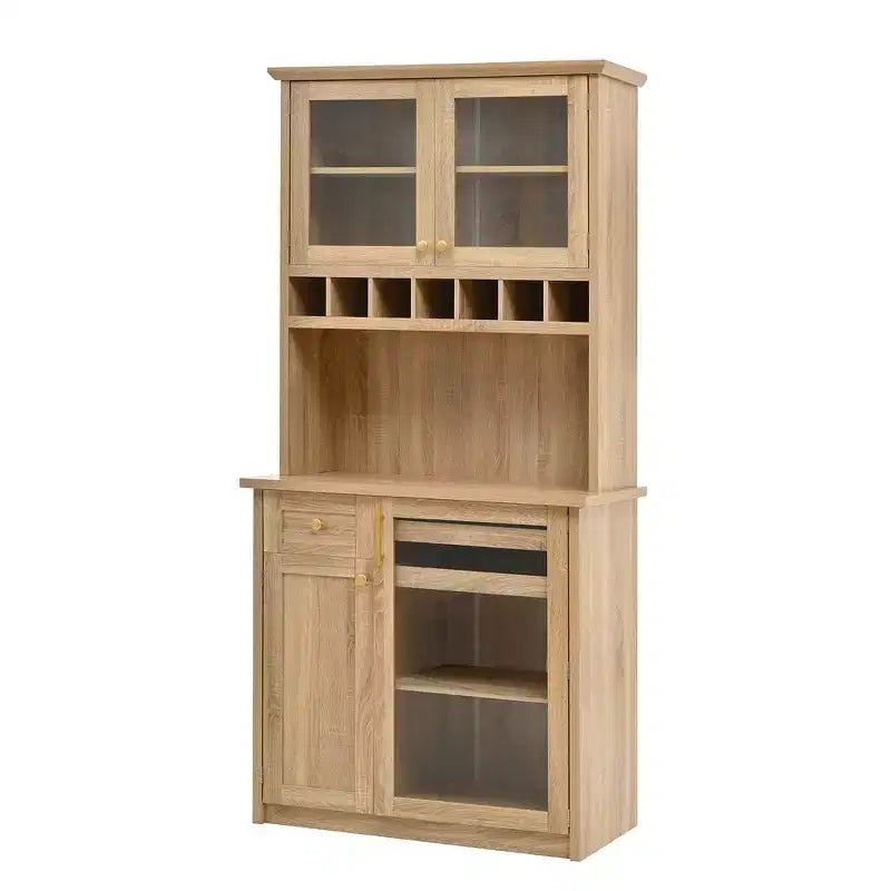 Buffet autoportant Whisen avec huche, armoire de rangement haute de cuisine avec casier à vin et étagères réglables