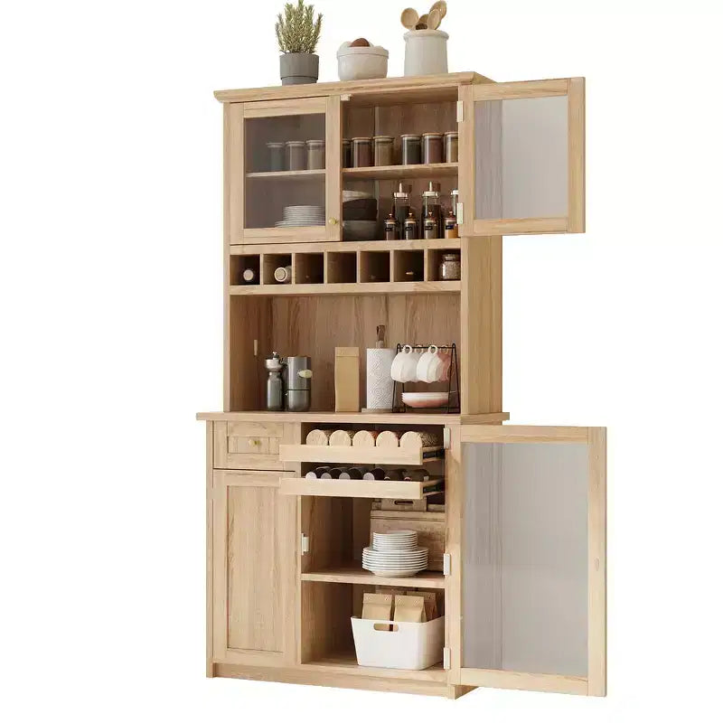 Buffet autoportant Whisen avec huche, armoire de rangement haute de cuisine avec casier à vin et étagères réglables