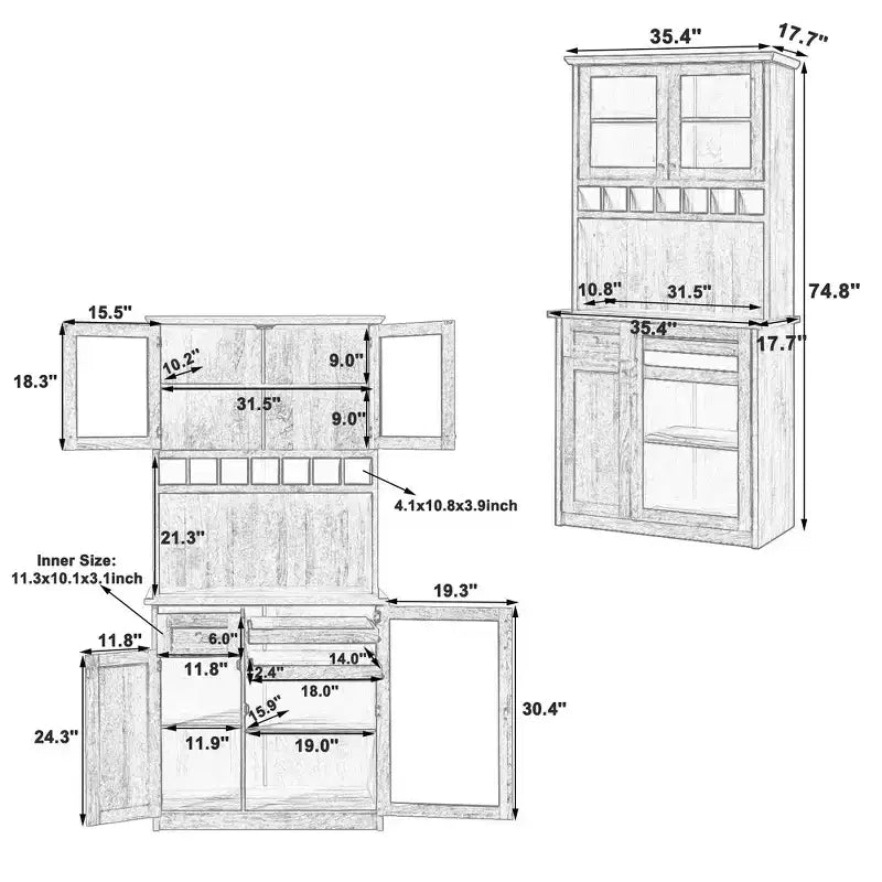 Buffet autoportant Whisen avec huche, armoire de rangement haute de cuisine avec casier à vin et étagères réglables