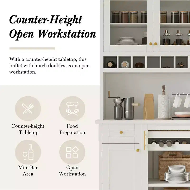 Buffet autoportant Whisen avec huche, armoire de rangement haute de cuisine avec casier à vin et étagères réglables
