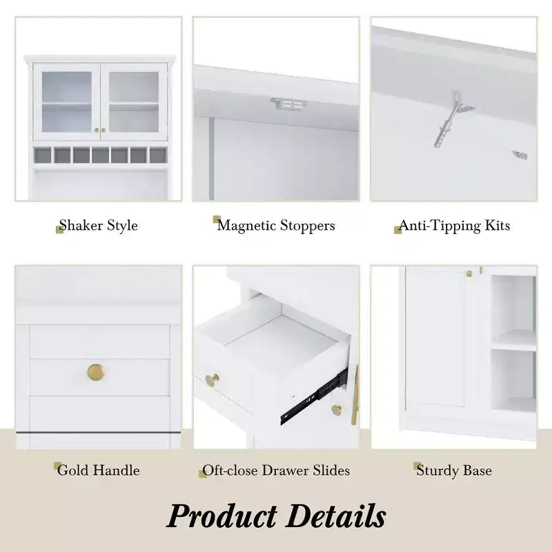 Buffet autoportant Whisen avec huche, armoire de rangement haute de cuisine avec casier à vin et étagères réglables