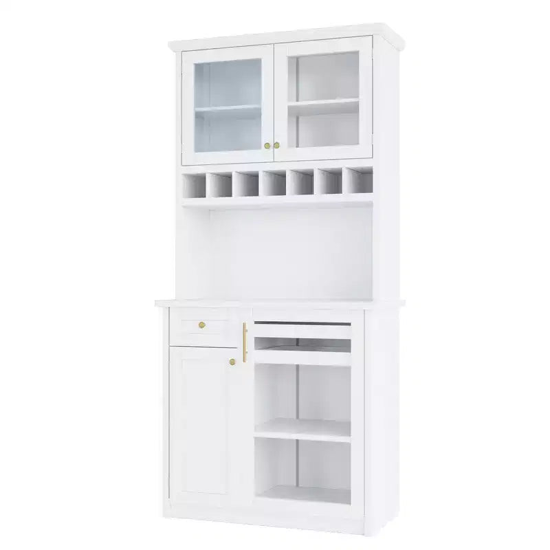 Buffet autoportant Whisen avec huche, armoire de rangement haute de cuisine avec casier à vin et étagères réglables