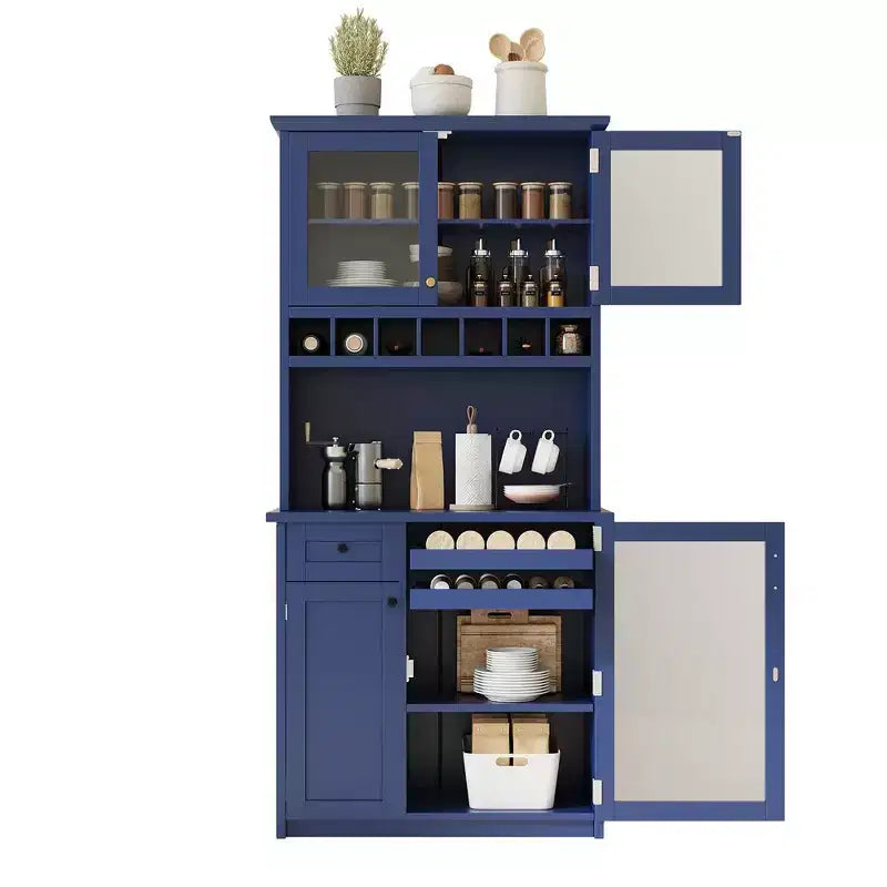 Buffet autoportant Whisen avec huche, armoire de rangement haute de cuisine avec casier à vin et étagères réglables
