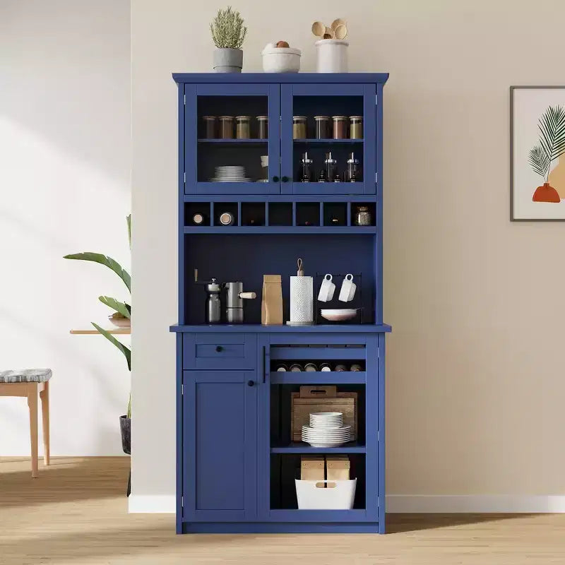 Whisen Freestanding Buffet with Hutch, Tall Kitchen Pantry Storage Cabinet with Wine Rack and Adjustable Shelves