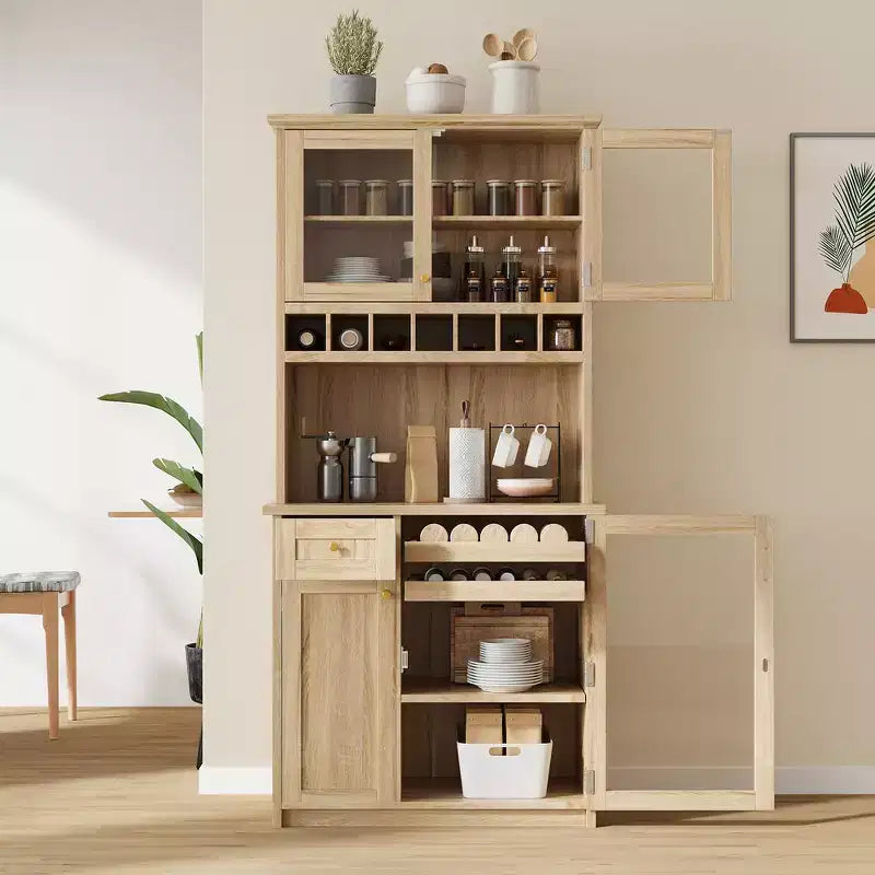 Buffet autoportant Whisen avec huche, armoire de rangement haute de cuisine avec casier à vin et étagères réglables