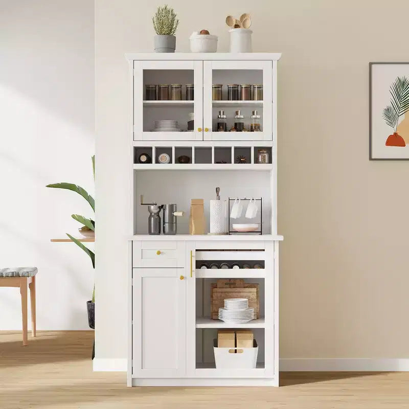 Buffet autoportant Whisen avec huche, armoire de rangement haute de cuisine avec casier à vin et étagères réglables