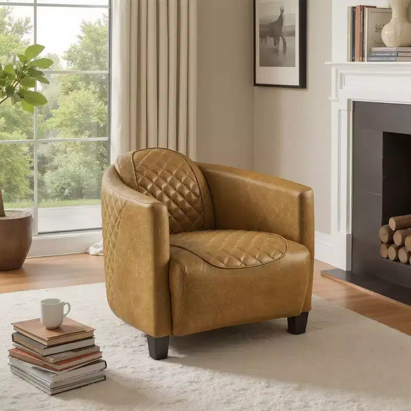 Fauteuil d'appoint Art Leon Mid-century Modern en cuir véritable avec motif matelassé