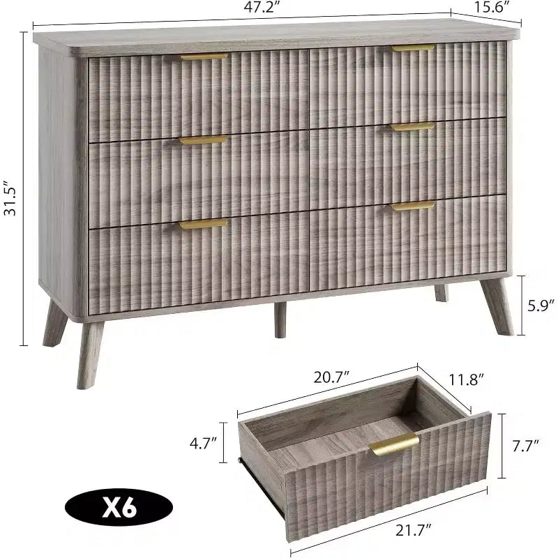 Commode cannelée pour chambre à coucher avec 6 tiroirs profonds, commode moderne de 120 cm de large