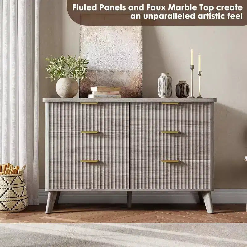 Commode cannelée pour chambre à coucher avec 6 tiroirs profonds, commode moderne de 120 cm de large