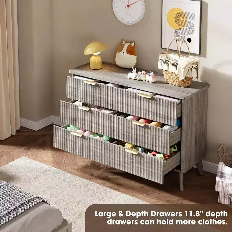 Commode cannelée pour chambre à coucher avec 6 tiroirs profonds, commode moderne de 120 cm de large