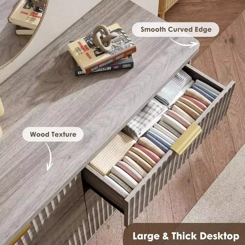 Commode cannelée pour chambre à coucher avec 6 tiroirs profonds, commode moderne de 120 cm de large