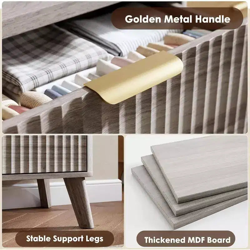 Commode cannelée pour chambre à coucher avec 6 tiroirs profonds, commode moderne de 120 cm de large