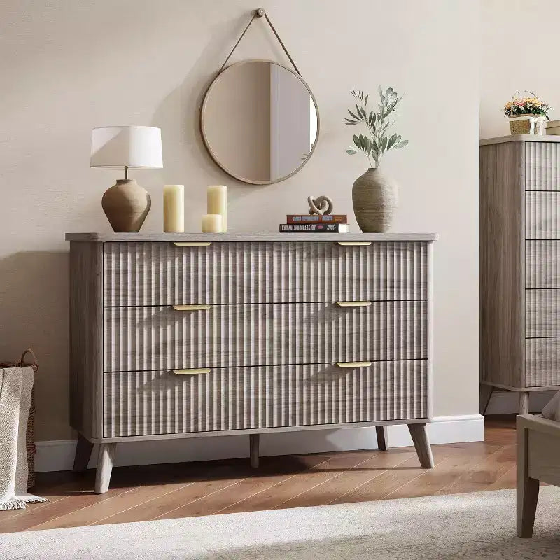 Commode cannelée pour chambre à coucher avec 6 tiroirs profonds, commode moderne de 120 cm de large