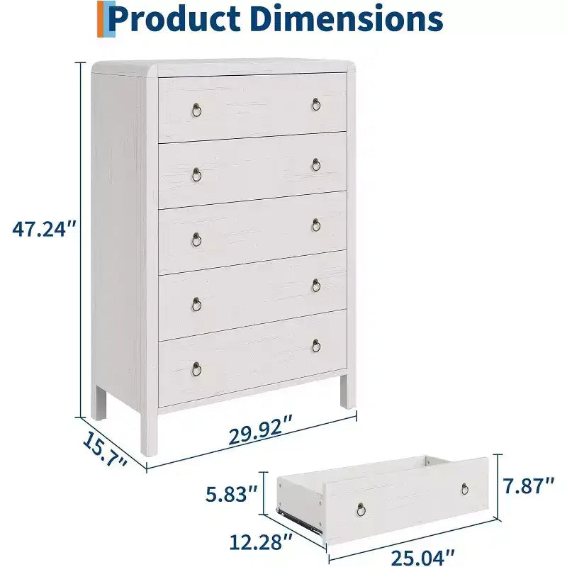 Commode Blanche à 5 Tiroirs, Commode de Rangement Moderne pour Placard, Commode de Rangement en Bois, Organisateur de Vêtements