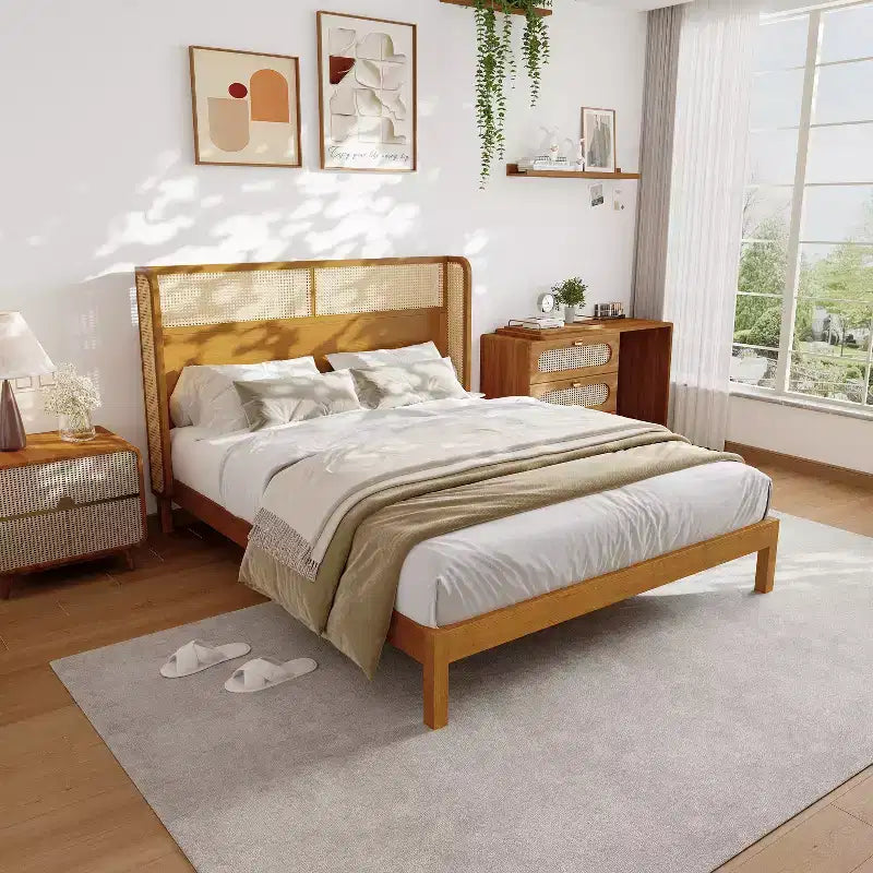 Lit plateforme King/Queen avec tête de lit, Lit moderne du milieu du siècle en bois d'hévéa pour chambre à coucher, Naturel - ModernLuxe